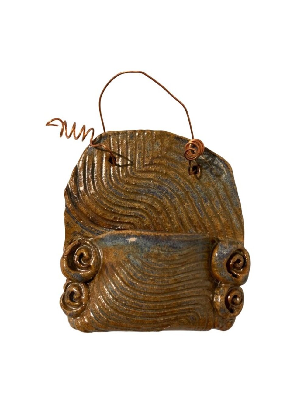 Studio Art Pottery Blue And Brown Wall Pocket With Copper Hanger Signed JMS